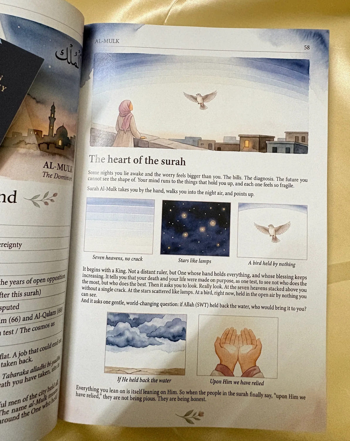 The illustrated summary of Surah Al-Mulk in a printed copy of Akhirah.