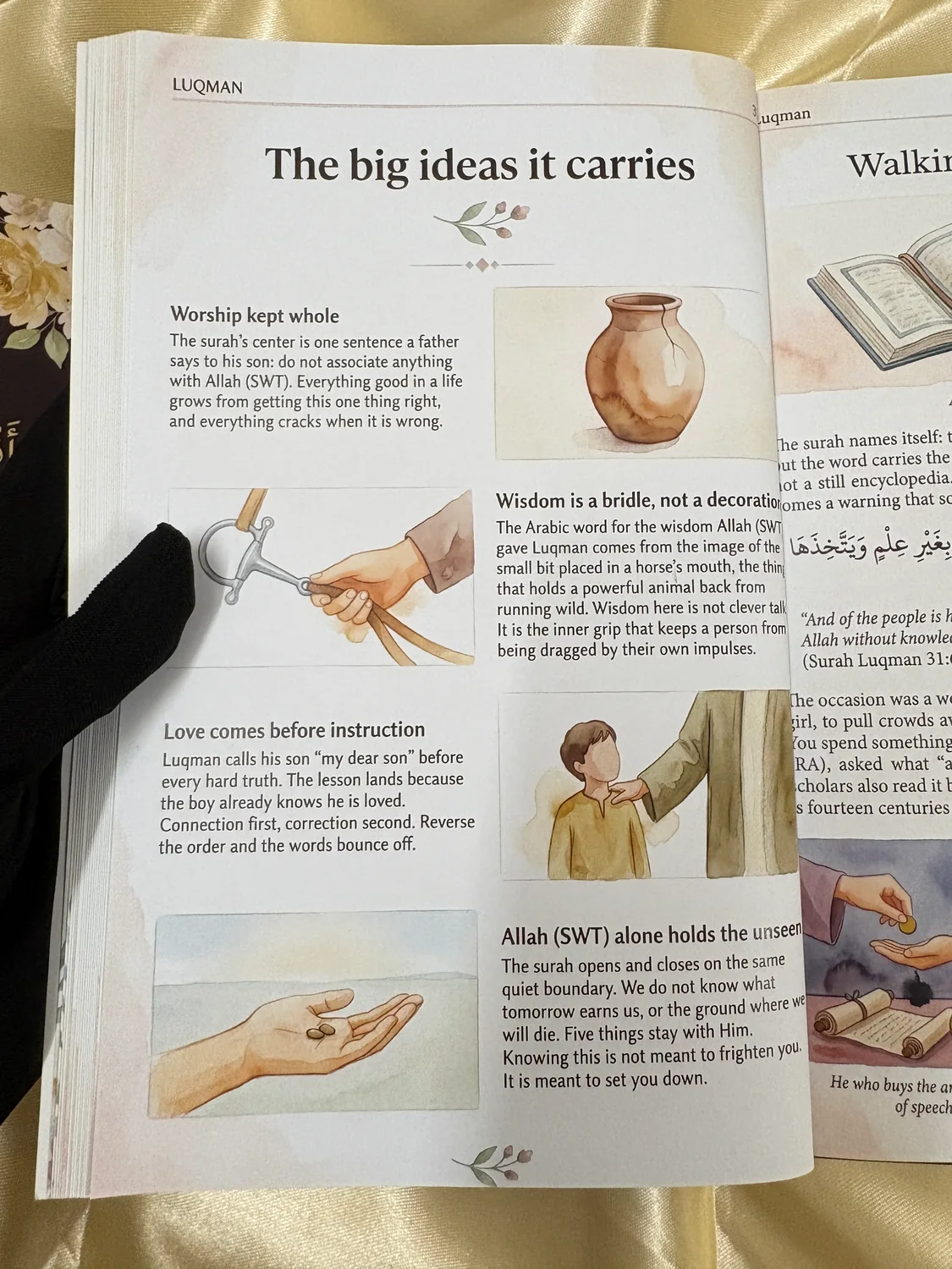 An illustrated page of key ideas from Surah Luqman in Akhlaq.