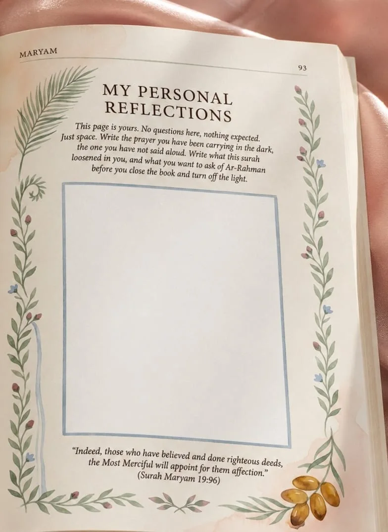 A blank personal reflection page from Surah Maryam in Akhlaq.