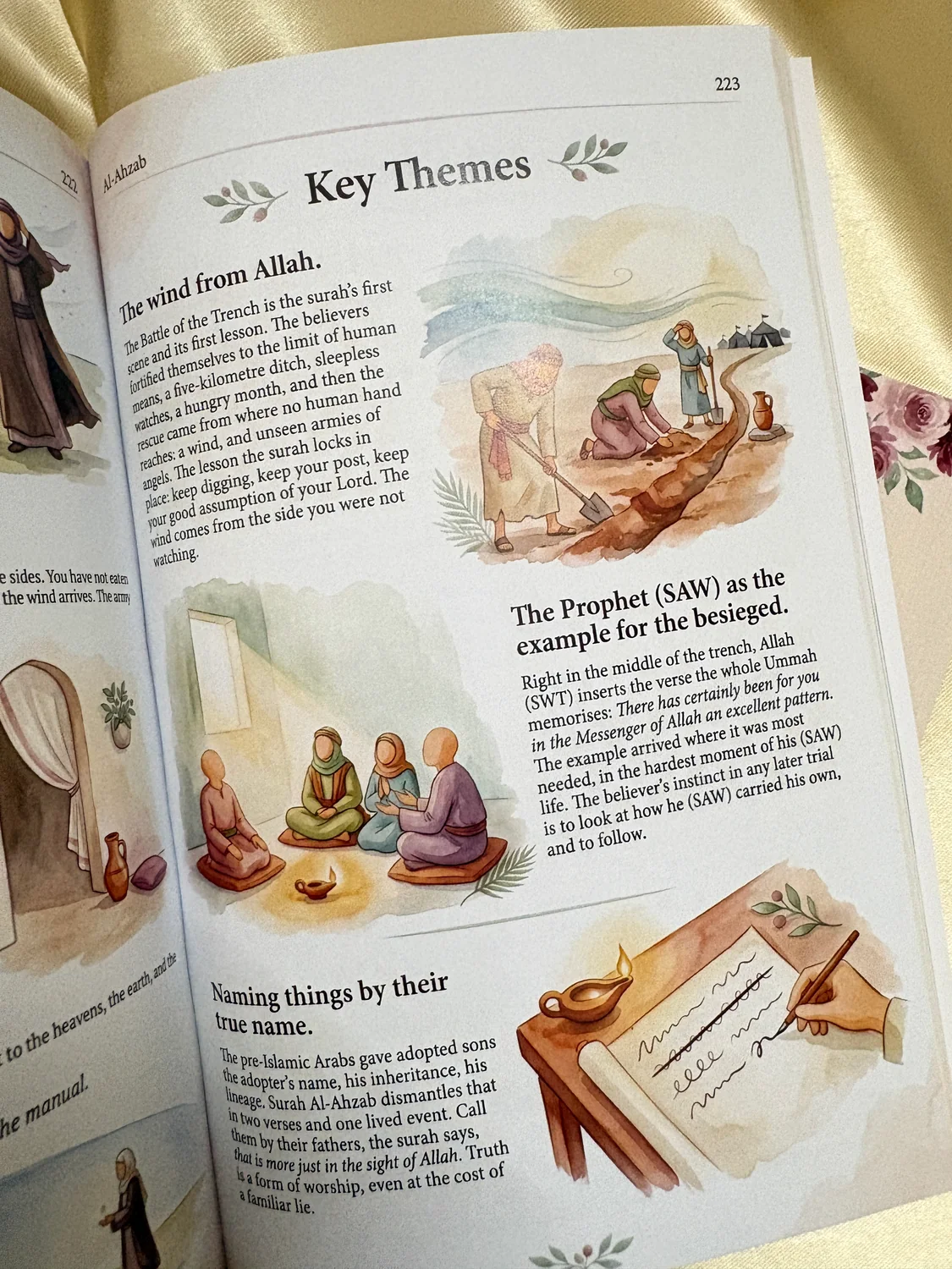 The illustrated key themes page for Surah Al-Ahzab in Mawaddah.