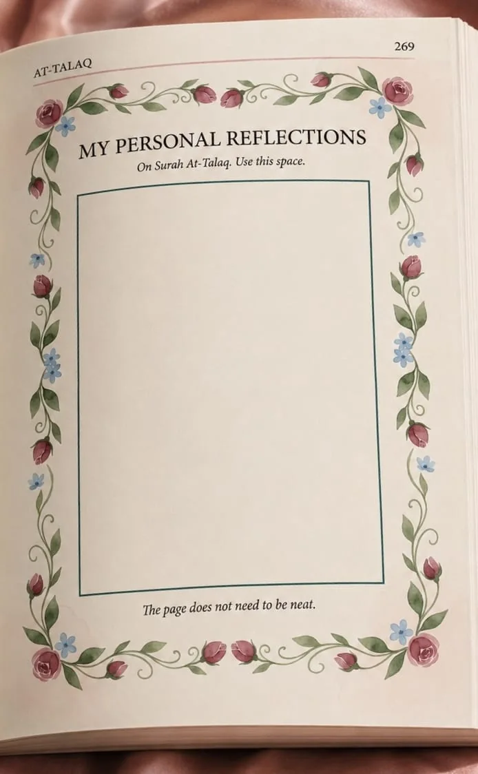 A blank personal reflection page from Surah At-Talaq in Mawaddah.