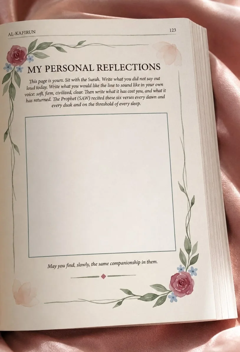 A blank personal reflection page from Al-Kafirun in Tawhid.