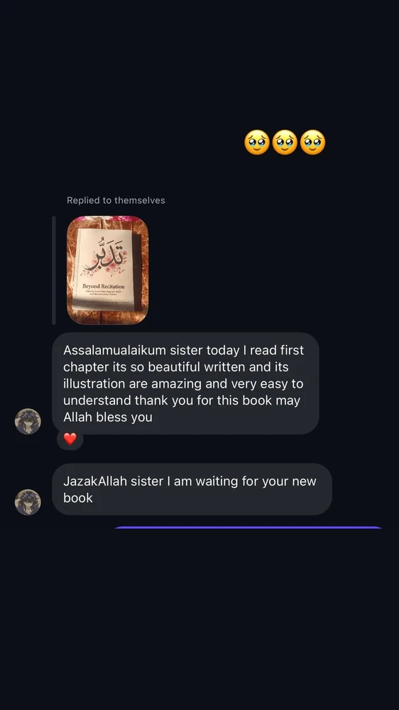 A reader’s Beyond Recitation photo and feedback praising the first chapter, illustrations and ease of understanding.